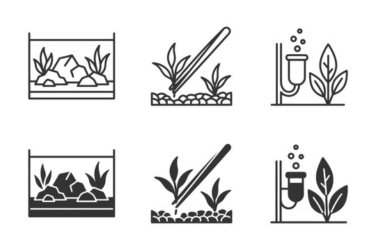 Aquarium planting and maintenance icon set with aquascaping tools.
