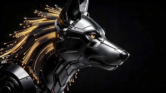 Bionic titanium mechanical wolf head with glowing dark gold mane
