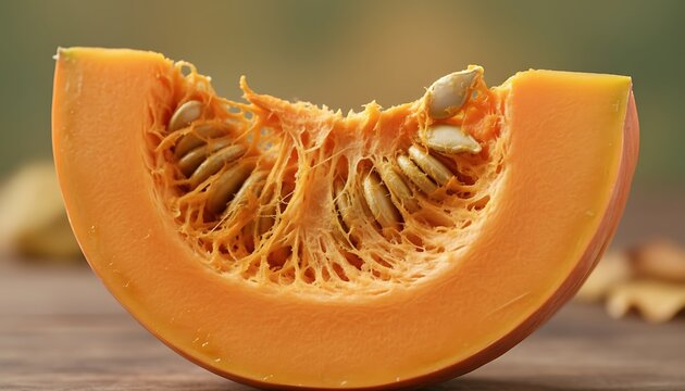 Bright orange pumpkin slice displays its fibrous interior with many seeds