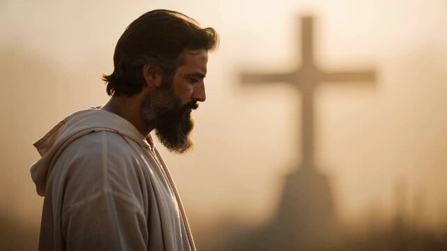 Bearded man in white robe standing thoughtfully at sunrise with glowing cross spiritual meditation