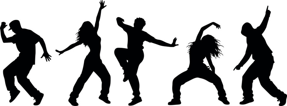 Diverse group of five dancers in dynamic poses, capturing energetic movement