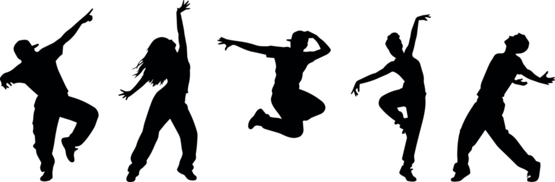 Diverse group of dancers in silhouette performing energetic moves on white background