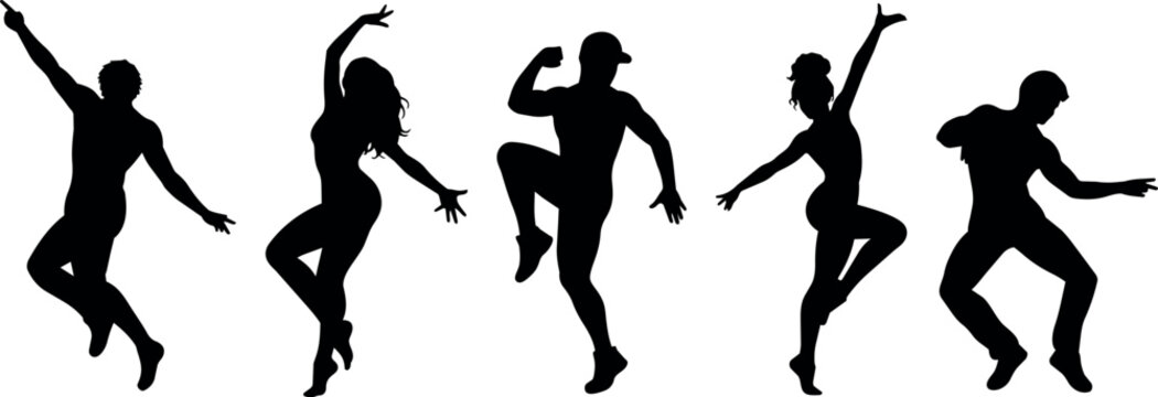 Diverse group of dancers in dynamic poses against a white background