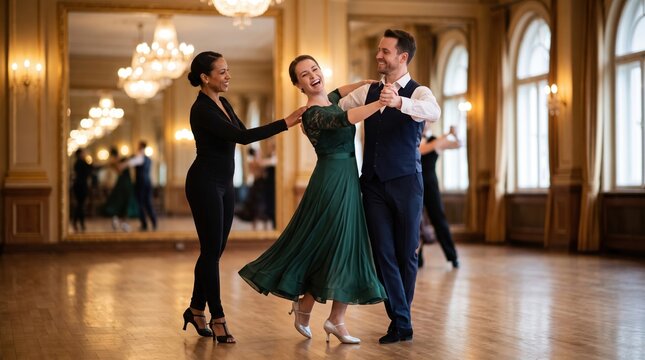 Dance coach assists elegant ballroom couple