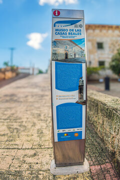 SANTO DOMINGO, DOMINICAN REPUBLIC - MARCH 13, 2020: Information board with explanations of the medieval Museum of the Royal Houses (Museo de las Casas Reales) in the Colonial district.