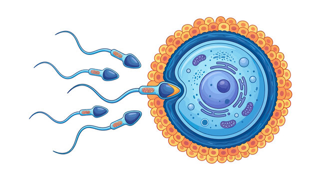 Fertilization: Sperm approaching and penetrating egg cell, close-up illustration