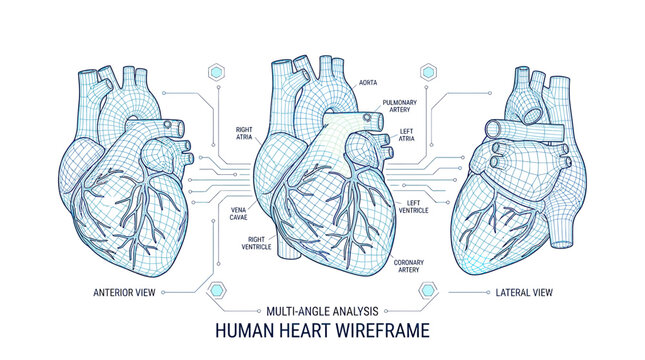 Human Heart Wireframe Anatomy, Medical Science Technology, 3D Model Blueprint