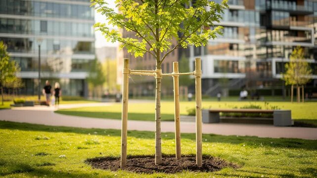 Young tree supported by wooden stakes gently swaying in breeze under sunlight in nature