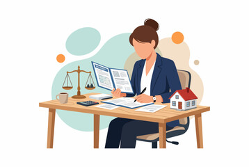 Fototapeta premium Female Lawyer Reviewing Property Deed Document for Real Estate Deal