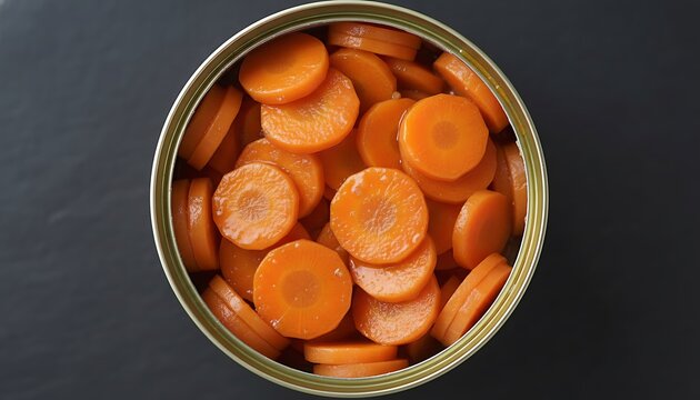 Bright orange sliced carrots floating in clear liquid inside a round metal food can
