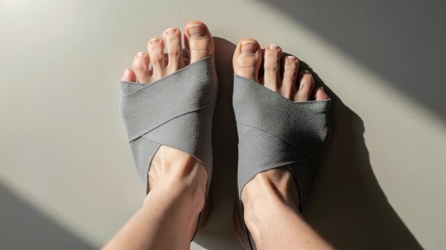 Person gently stretching feet wearing soft gray crisscross toe separators for foot care and relaxation
