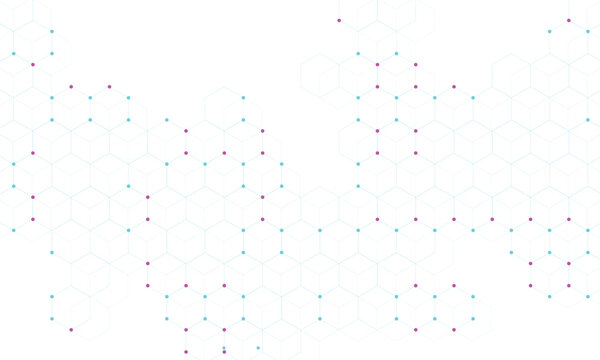 Abstract Hexagonal Grid Pattern Technology White Background. Minimalist Light Blue with Cyan and Magenta Data Nodes, Molecular Chemical Structure for Science, Biotech, and Digital Plexus Network