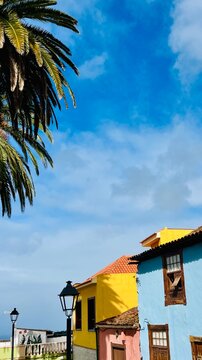 Colorful buildings and palm trees in La Orotava, Tenerife