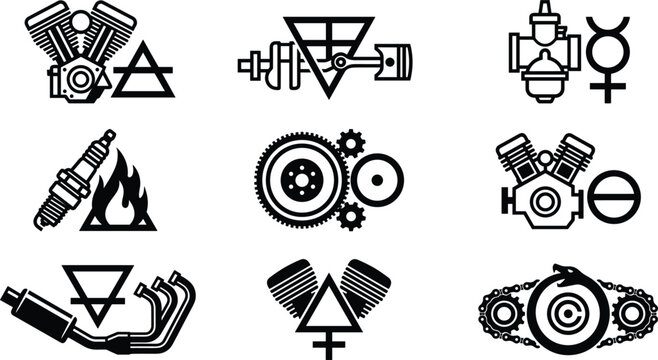 Automotive mechanical parts and engine components black icon set vector illustration featuring spark plug gears piston chain cylinder and exhaust manifolds isolated on white background