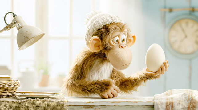 Monkey holds an egg while sitting in a bright room with a clock and a lamp