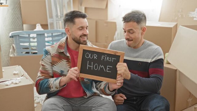 Man holding sign reading our first home in a livingroom surrounded by moving boxes, laundry basket, and packing materials; new home joy.