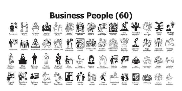 Diverse business professionals collection 60 vector icons representing modern workplace roles and leadership