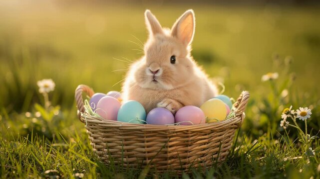 Cute fluffy bunny nestled in basket with colorful Easter eggs basking in warm sunlight