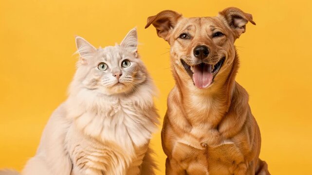 Fluffy white cat and happy tan dog sitting side by side against bright yellow background