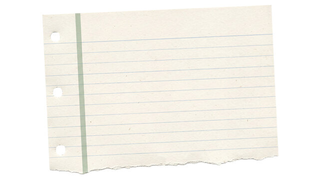 horizontal ruled paper sheet isolated PNG on transparent background, torn notebook page with green margin