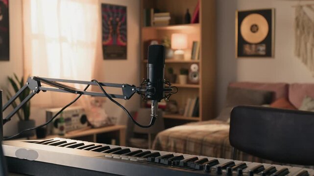 Professional condenser microphone on boom arm standing over digital piano keyboard in home recording studio. Clip for promoting music production, podcasting, or online audio courses