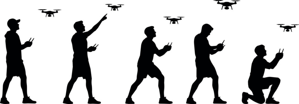 Silhouettes of people controlling drones in various poses and positions