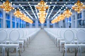 Obraz premium Rows of empty white chairs in a spacious hall illuminated by ornate blurred chandeliers, ready for a grand event.