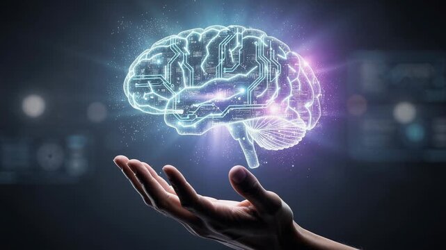 Glowing digital brain with circuit patterns floating above futuristic background technology concept