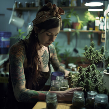 Cannabis grower beautiful sexy woman, apothecary herbal products in the room shop