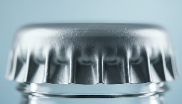 Bright shiny silver metal bottle cap on top of a clear glass bottle