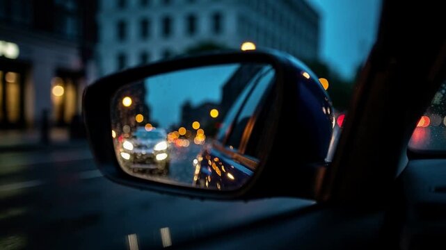 Raindrops falling gently on car side mirror driving through city streets during rainy weather