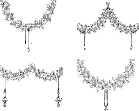 Indian festive floral toran set, black and white line art of marigold flower garlands, genda phool decoration vector elements