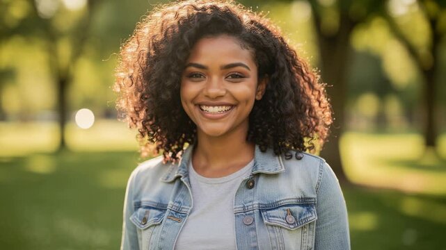 Young woman with curly hair wearing denim jacket smiling warmly outdoors