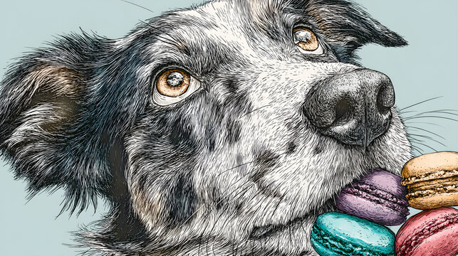 Dog holds colorful macarons in mouth and looks up with eager expression during a cheerful moment
