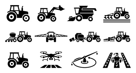Agricultural Machinery and Farming Vehicle Silhouette Icon Set – Tractors, Combine Harvester, Farm Equipment and Precision Agriculture © Mediasegment