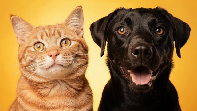 A cheerful black Labrador and a curious orange tabby cat sitting side by side indoors