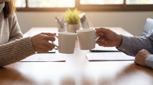 Business partners clinking coffee mugs during successful meeting