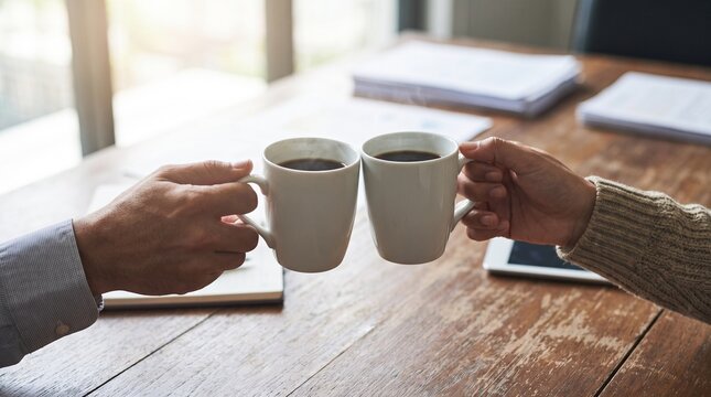 Business colleagues share a moment of coffee break and teamwork appreciation