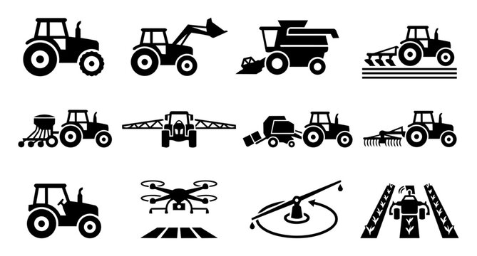 Agricultural Machinery and Farming Vehicle Silhouette Icon Set &ndash; Tractors, Combine Harvester, Farm Equipment and Precision Agriculture