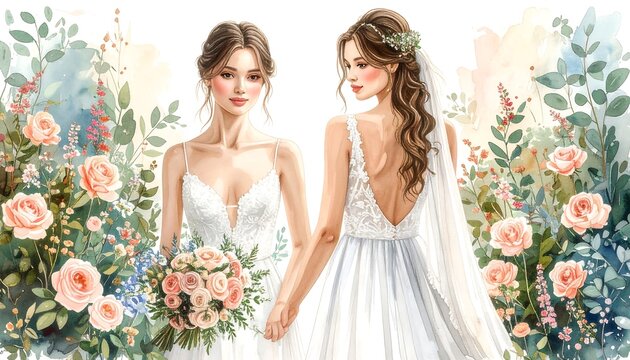 Two brides in floral setting