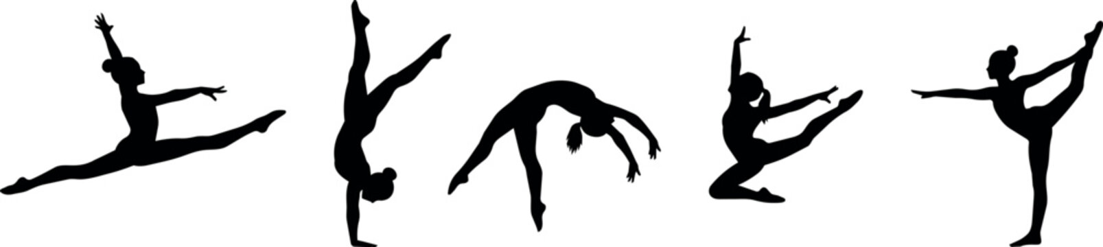Five gymnasts performing various athletic poses and movements in silhouette