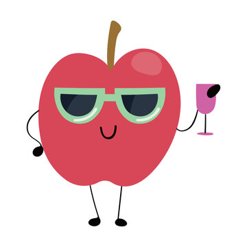 Cute apple character wearing sunglasses with red wine glass for summer beach party vector illustration