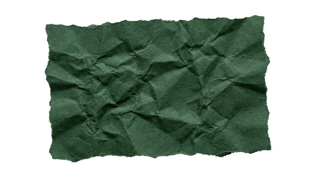 Crinkled dark green paper sheet, torn edges, textured for scrapbooking and crafts.