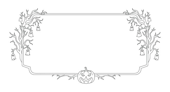 Halloween spooky frame illustration with bare trees hanging ghosts and scary pumpkin