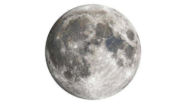 Full moon phase showing cratered surface and lunar landscape details isolated on transparent background high res png.