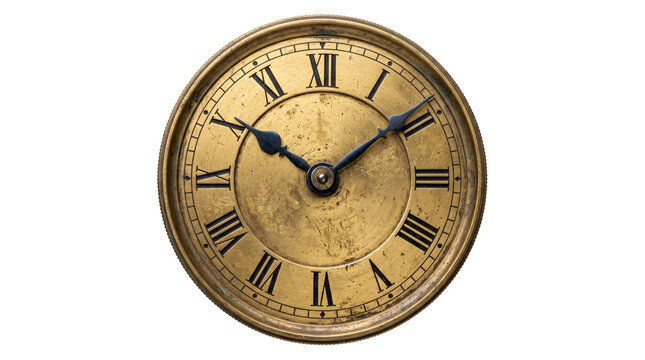 Old gold clock face featuring roman numerals and weathered texture with no clock hands against a transparent background.