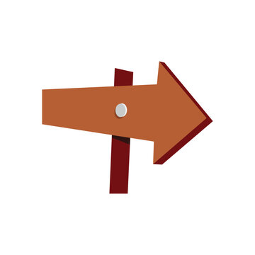 Flat vector illustration of a rustic brown wooden arrow sign attached to a post with a metal screw, pointing to the right on a white background.