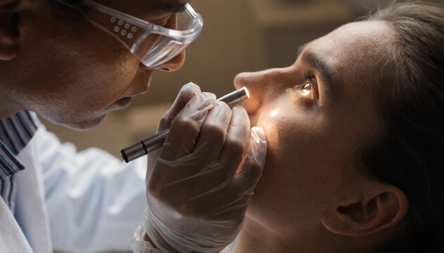 A healthcare professional wearing goggles and gloves examines a patient with a penlight, suitable for medical care, optometry, safety, or clinic advertising.