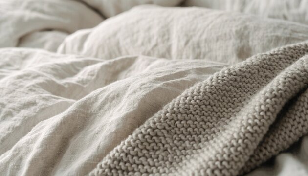 Soft white bedding and a gray knitted blanket lie rumpled in natural light, perfect for cozy home decor, sleep comfort, and bedroom lifestyle marketing.