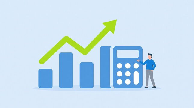 Bar graph calculator and person illustration in flat vector style